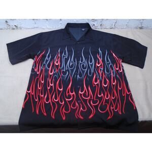 Vintage Authentic Shaolin Shirt Sz Large Red Biker AOP Button Up Flames Y2K